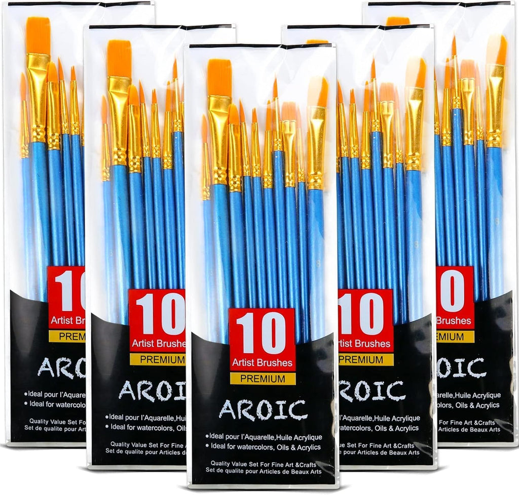 Acrylic Paint Brush Set, 5 Packs / 50 pcs Nylon Hair Brushes for All Purpose Oil Watercolor Painting Artist