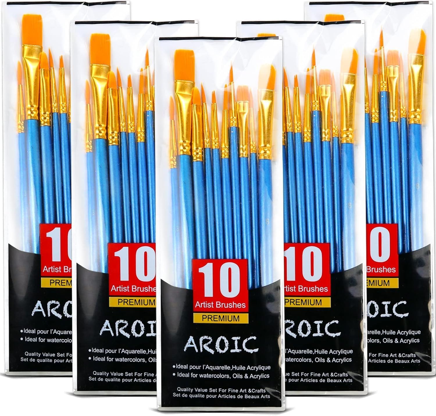 Acrylic Paint Brush Set, 5 Packs / 50 pcs Nylon Hair Brushes for All Purpose Oil Watercolor Painting Artist