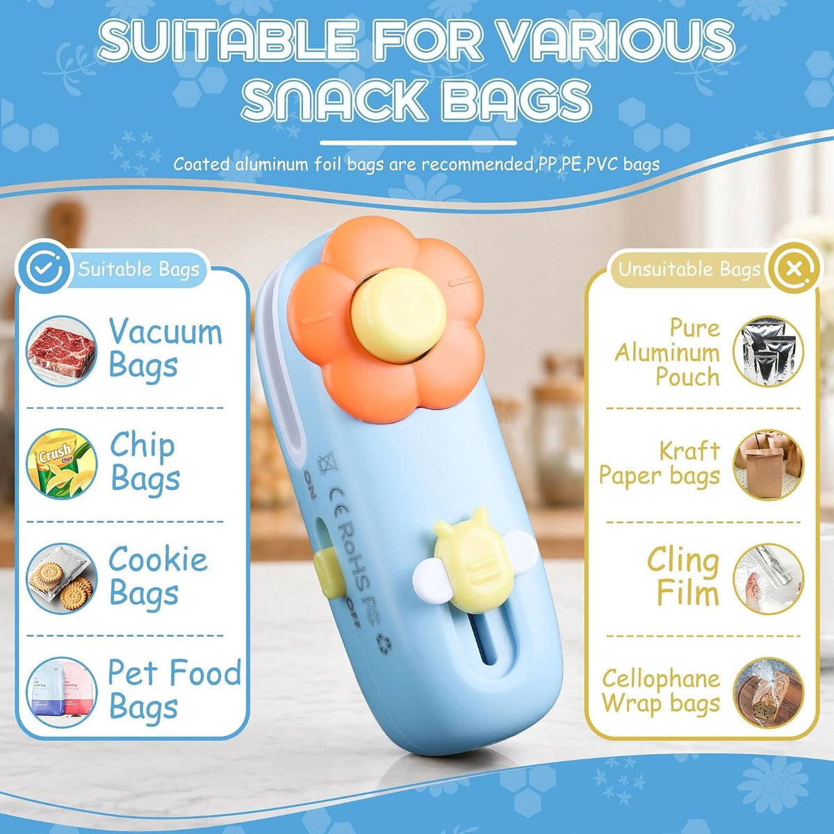 Rechargeable Bag Heat Sealer - 2-in-1 Mini Handheld Snacks Sealer