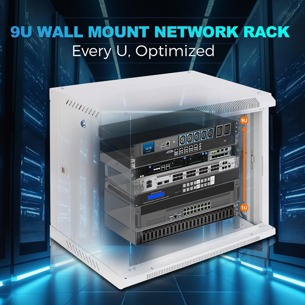 9U Rack, 17.7" Depth Wall Mount Rack Network Cabinet for Office
