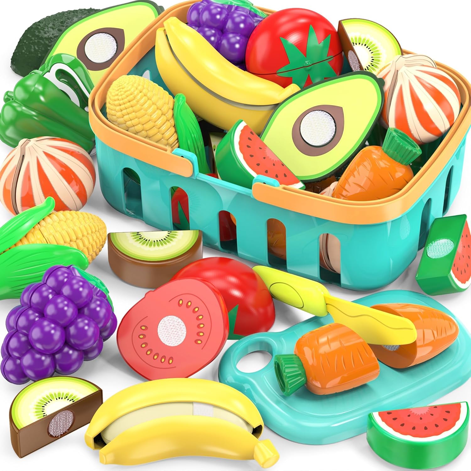 Cutting Play Food Toys For Kids, Pretend Play Kitchen Accessories, Fake Fruits/Vegetables Set With Shopping Storage