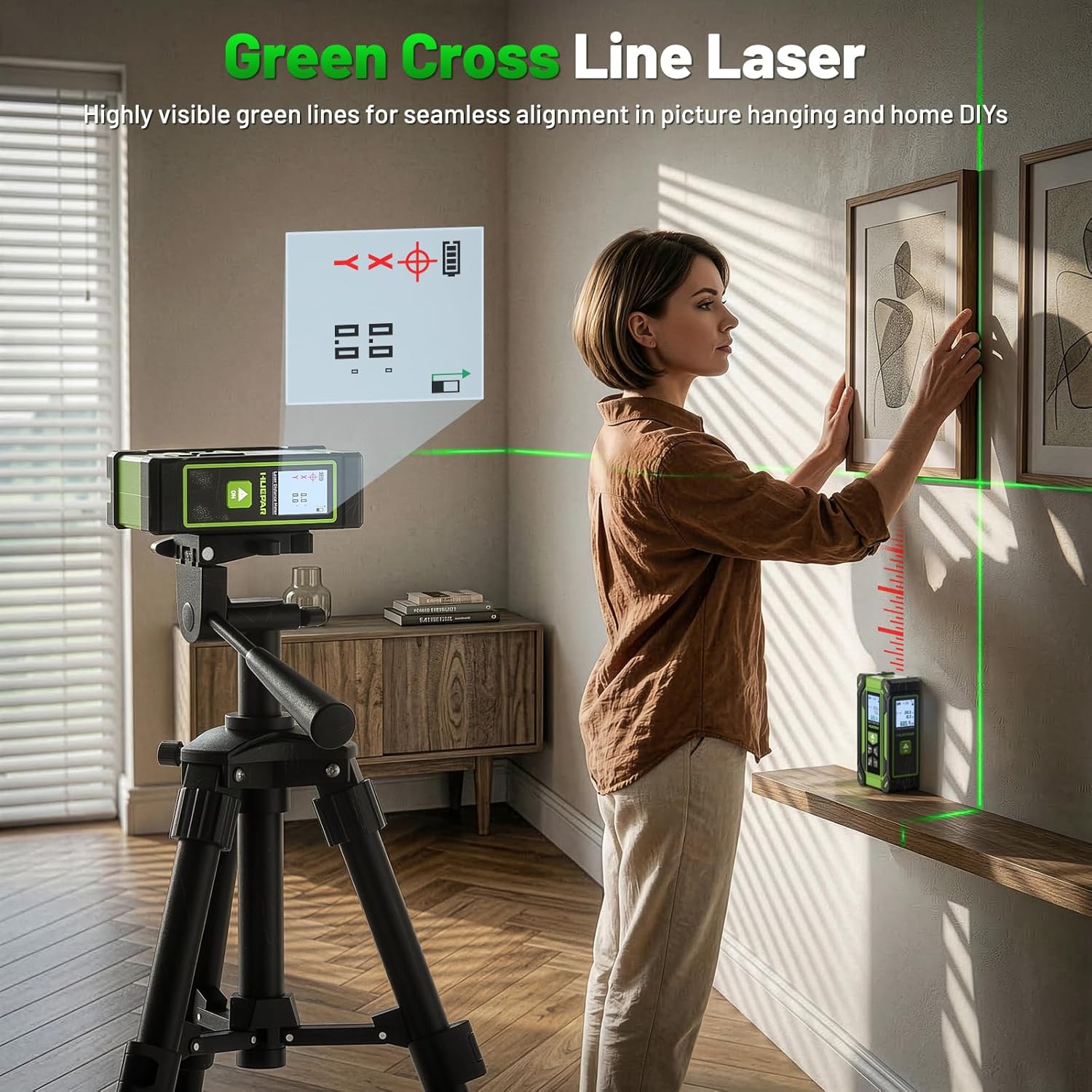 Digital Laser Tape Measure 4-in-1, HUEPAR ±1/16" Laser Measure with Dual HD Display, 200Ft Rechargeable Laser