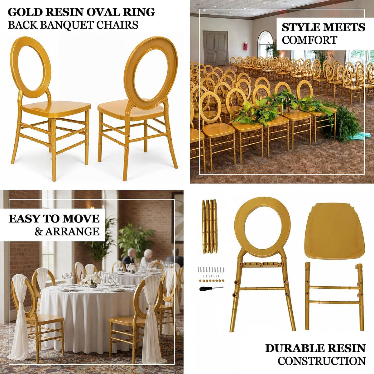 Efavormart 3-Pack Gold Acrylic Chiavari Ghost Chairs with Oval Open Back – Transparent Resin Stackable Armless Chairs
