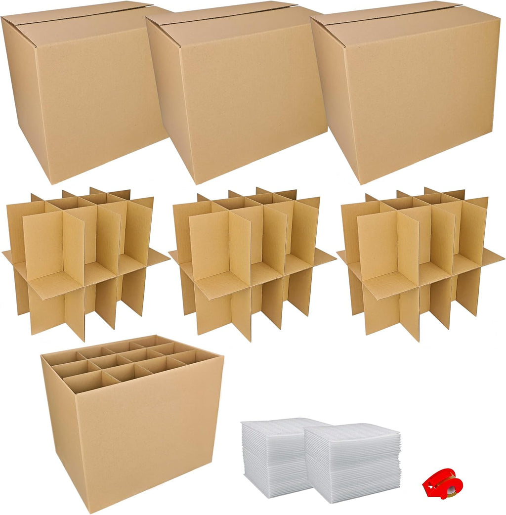3 Sets of 72-Grid Cups & Mugs Packing/Moving Boxes with 2-Tier Divider Kits