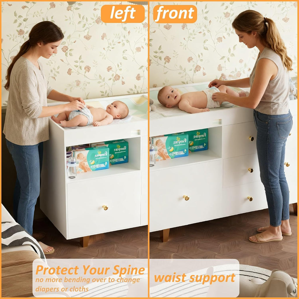 Wooden Baby Changing Table Dresser,Diaper Changing Table with Large Tabletop,4 Drawers, Open Storage Space & Side
