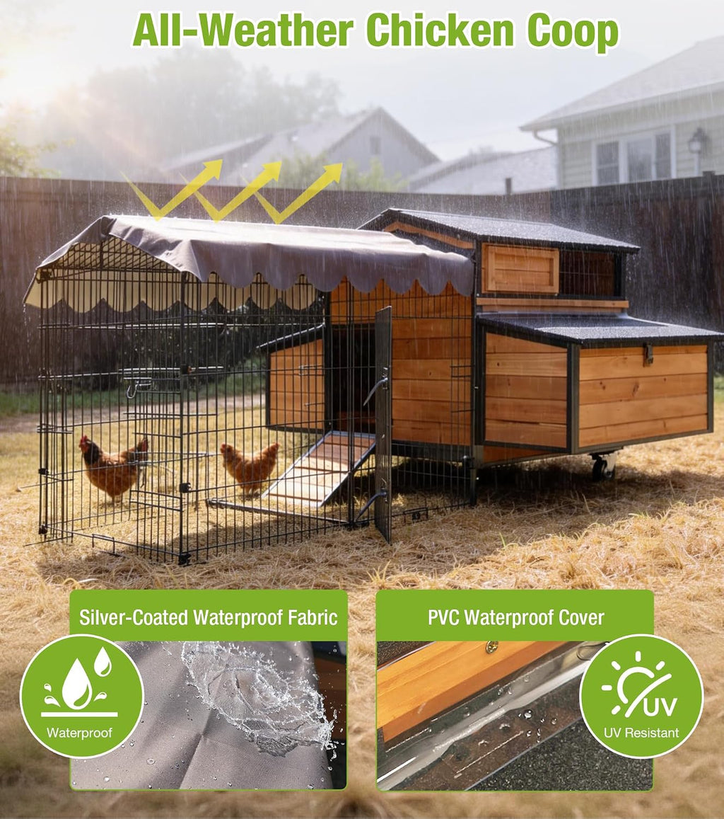 Large Chicken Coop with Run with All-Arounded Iron Frame Chicken Tractor Mobile Chicken House with Large Run and
