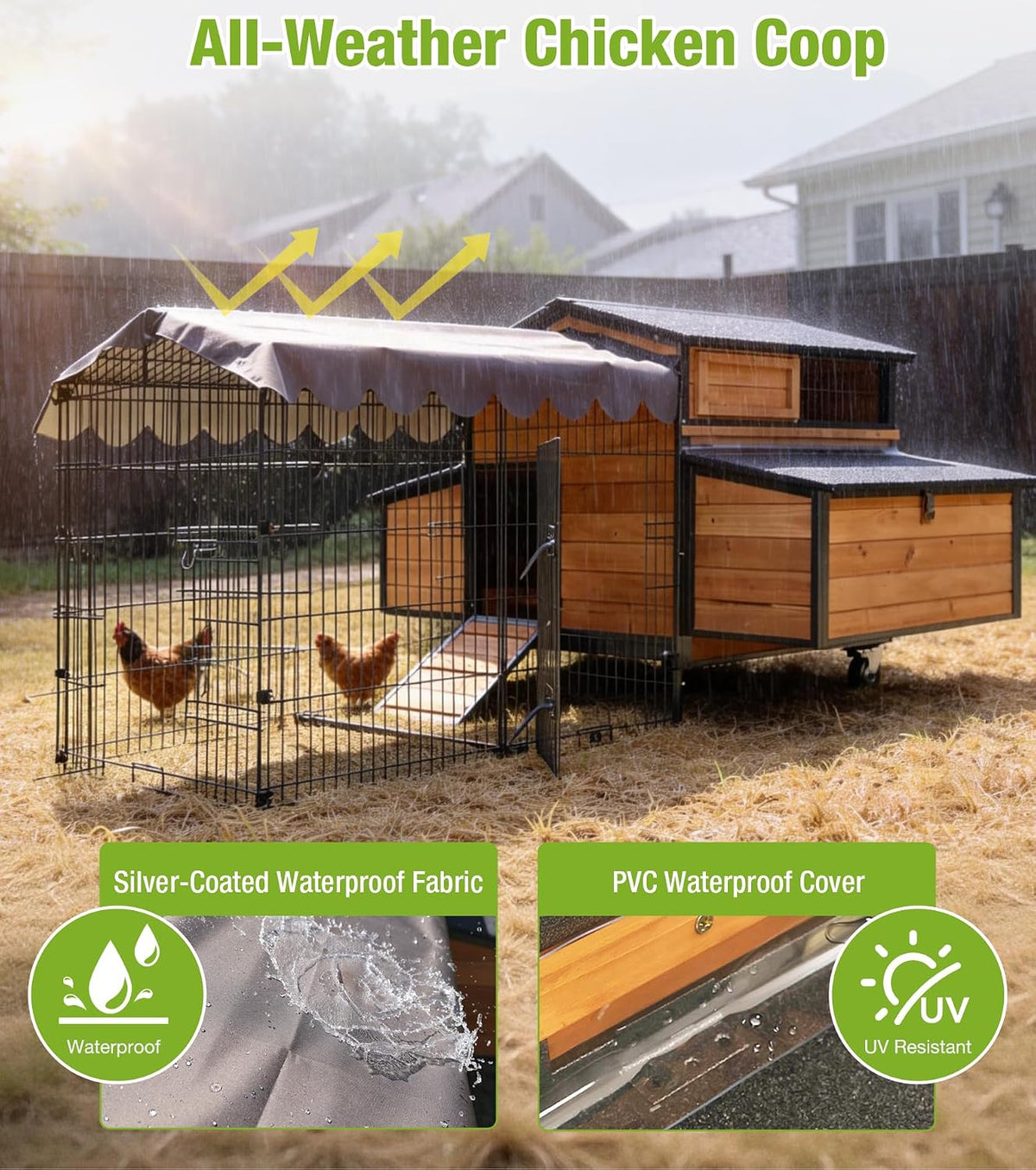 Large Chicken Coop with Run with All-Arounded Iron Frame Chicken Tractor Mobile Chicken House with Large Run and