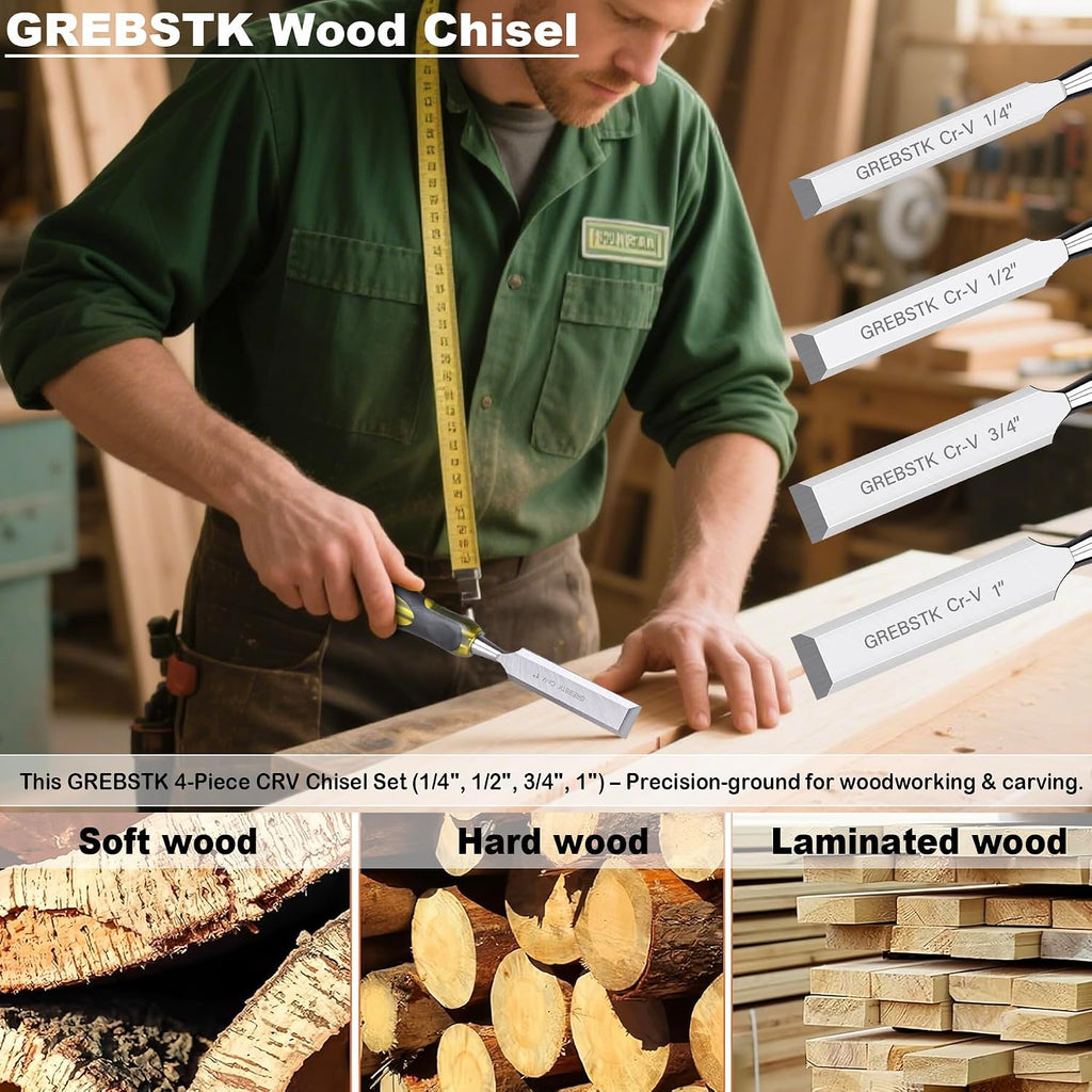 4 Piece Wood Chisel Set CR-V Steel Sharp Bevel Edge for Woodworking | Chromium Vanadium, Durability. Ergonomic