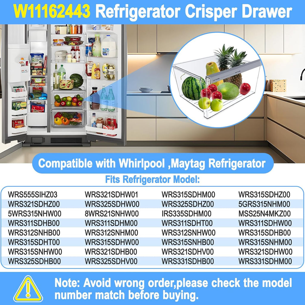 Upgraded W11162443 Refrigerator Crisper Drawer Compatible with Whirlpool Crisper Drawer W11046494 Whirlpool Fridge Drawer Maytag Refrigerator Drawer Parts WRS325SDHZ WRS315SDHZ WRS315SDHM Drawers