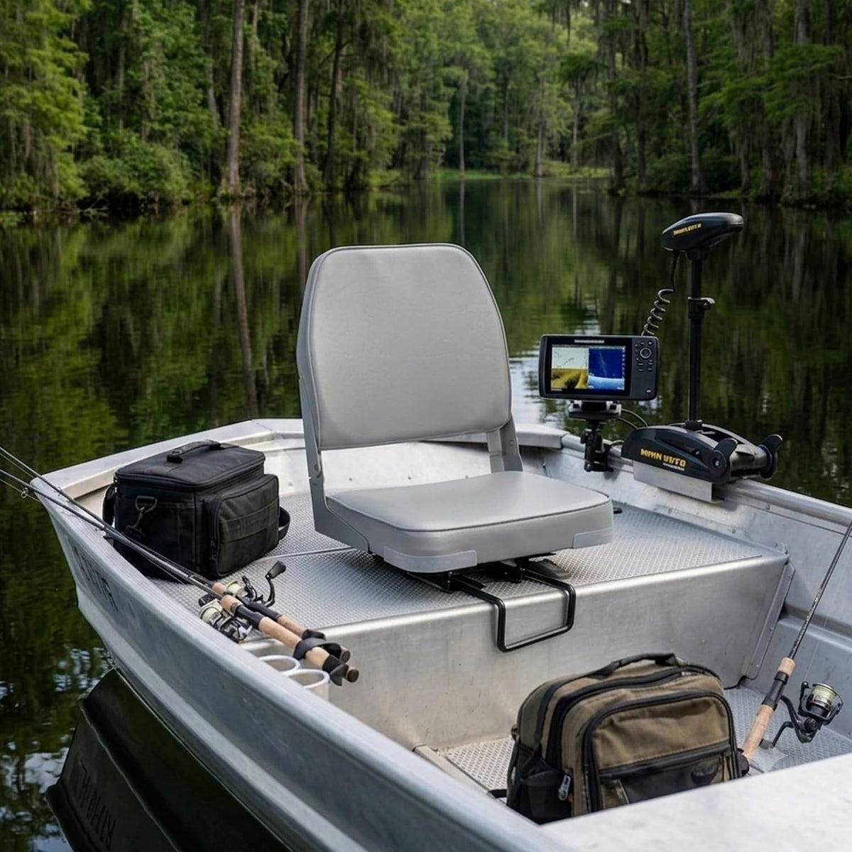 Folding Low Back Gray Boat Seats Fishing Seat Fits Jon Bass | Marine Grade, UV & Tear Resistant, aluminum hinges