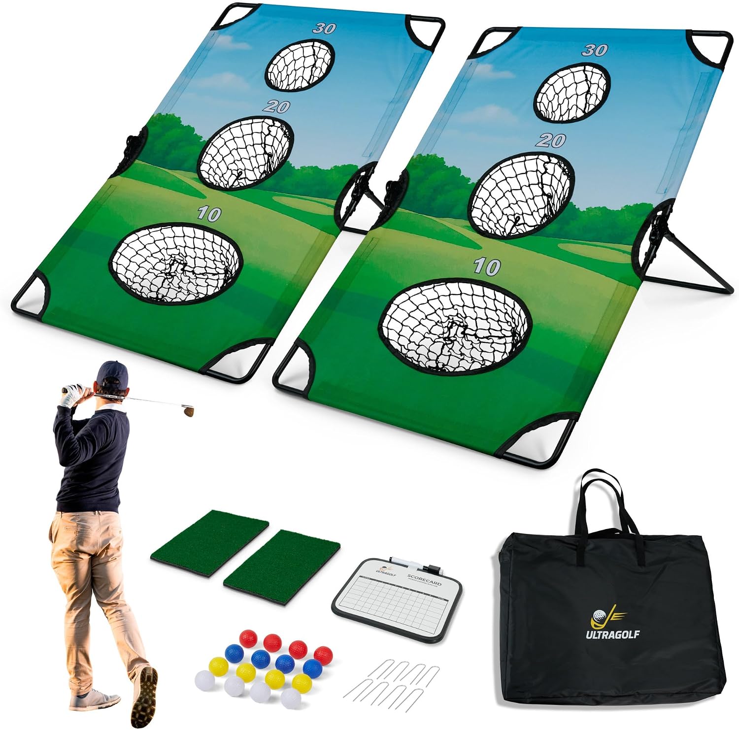 2-in-1 Golf Cornhole Chipping Game Set for Adults – Foldable Yard Game with Targets, Golf Mats, Balls, Stakes –