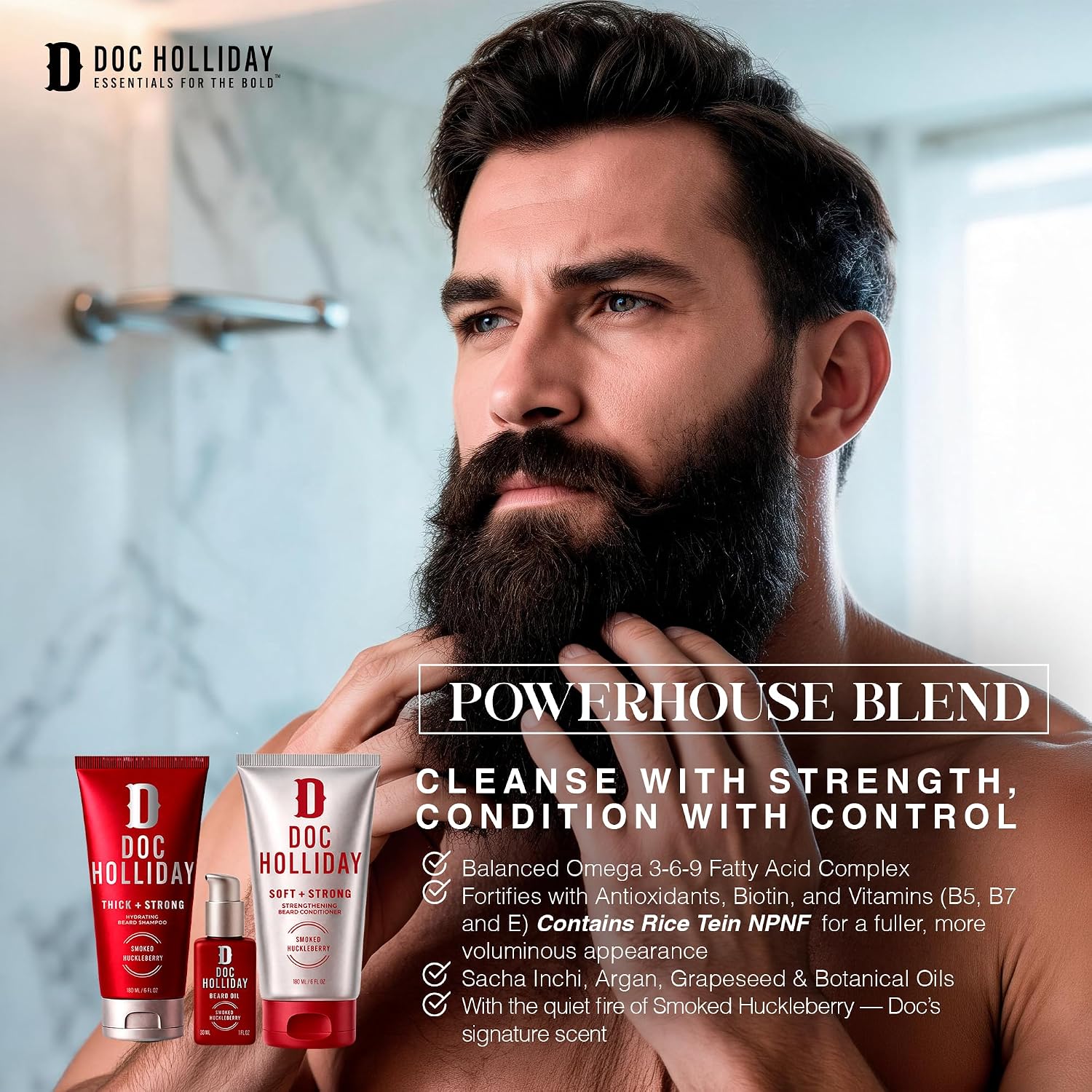Beard Shampoo, Conditioner & Oil Bundle, Smoked Huckleberry, Beard Wash and Lightweight Beard Oil for Men, Softens