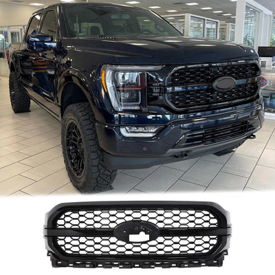 SUDAMONA Front Bumper Upper Grille Fit For 2021 2022 2023 Ford F-150 F150 Platinum,Honeycomb Style,Gloss Black