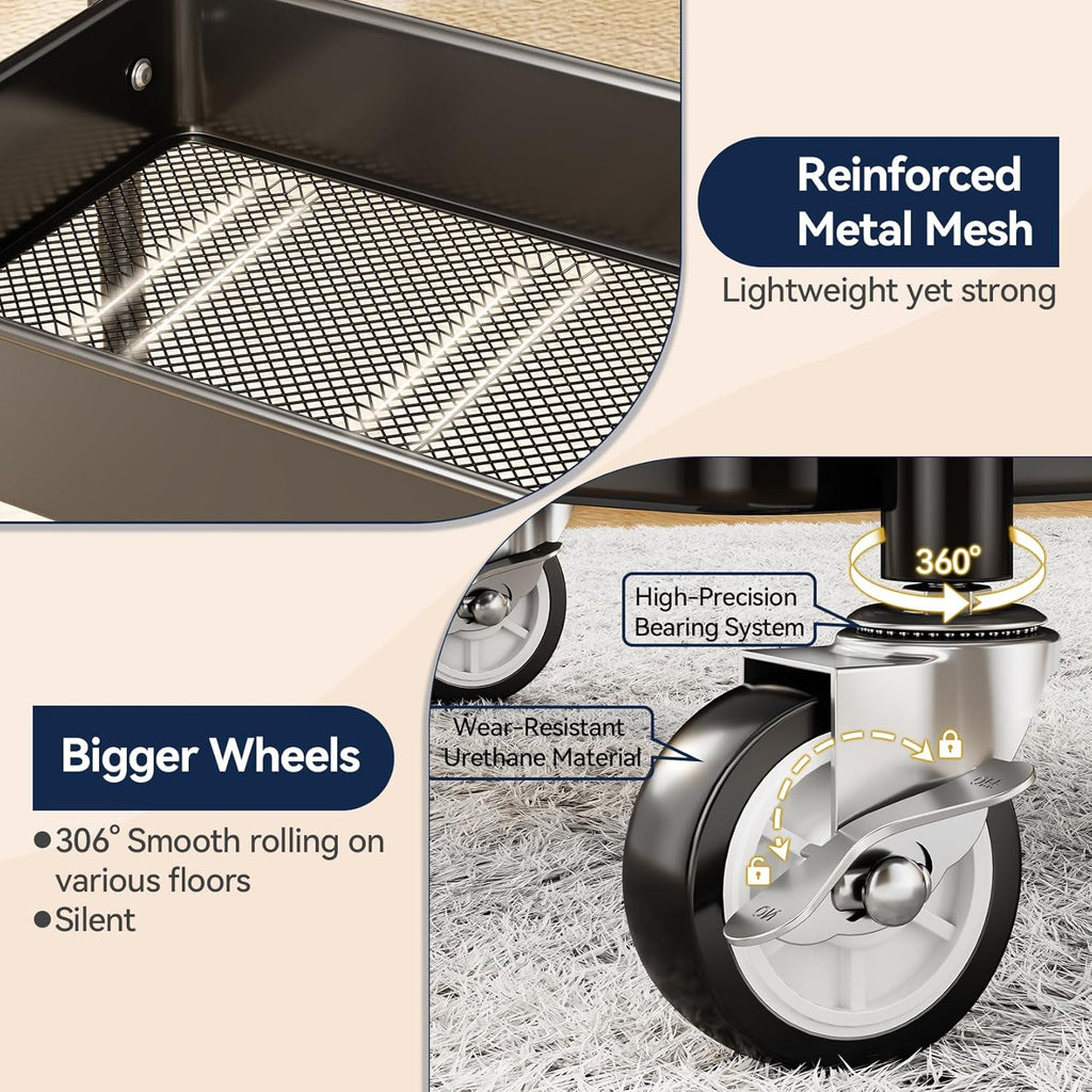 3 Tier Rolling Cart, Heavy Duty Metal Utility Cart with Wheel Black