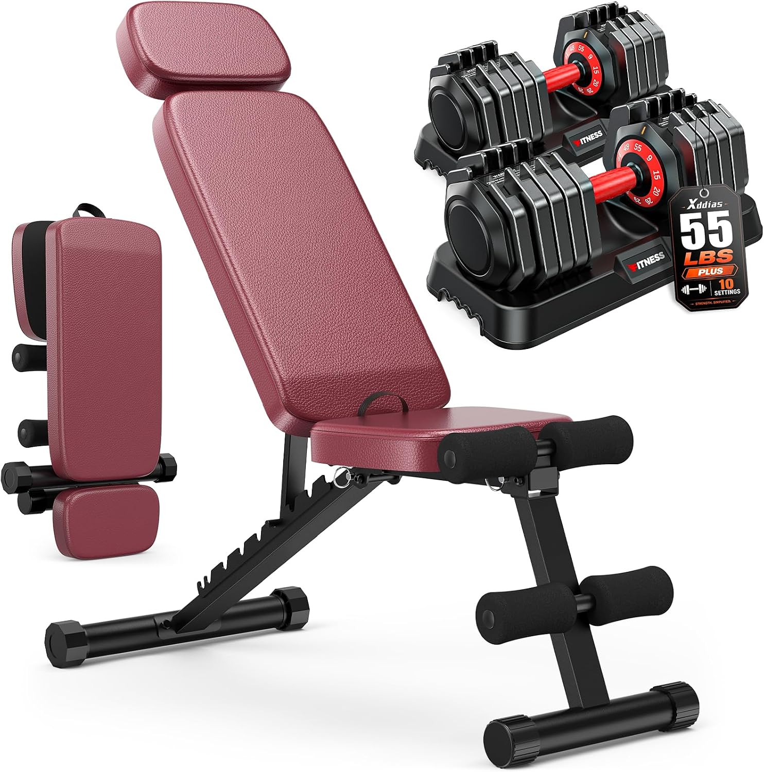 Adjustable Dumbbell Set with Foldable Weight Bench for Home Gym Use | 25/55/80/90 LB Options, 1-Second Dial