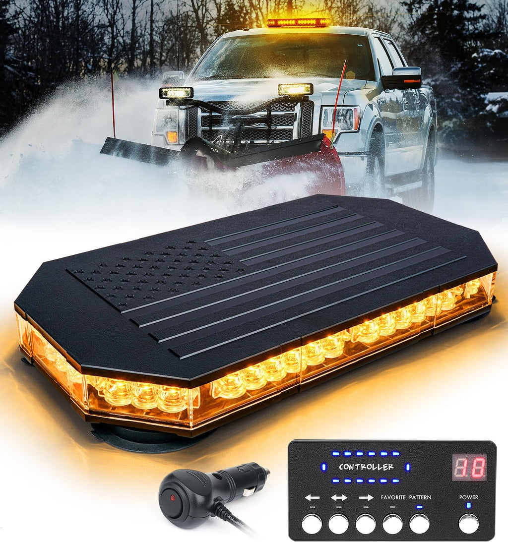 Rooftop Strobe Beacon Light Bar w/Controller, American Flag Pattern | Amber LED Emergency Warning Flashing Lights for