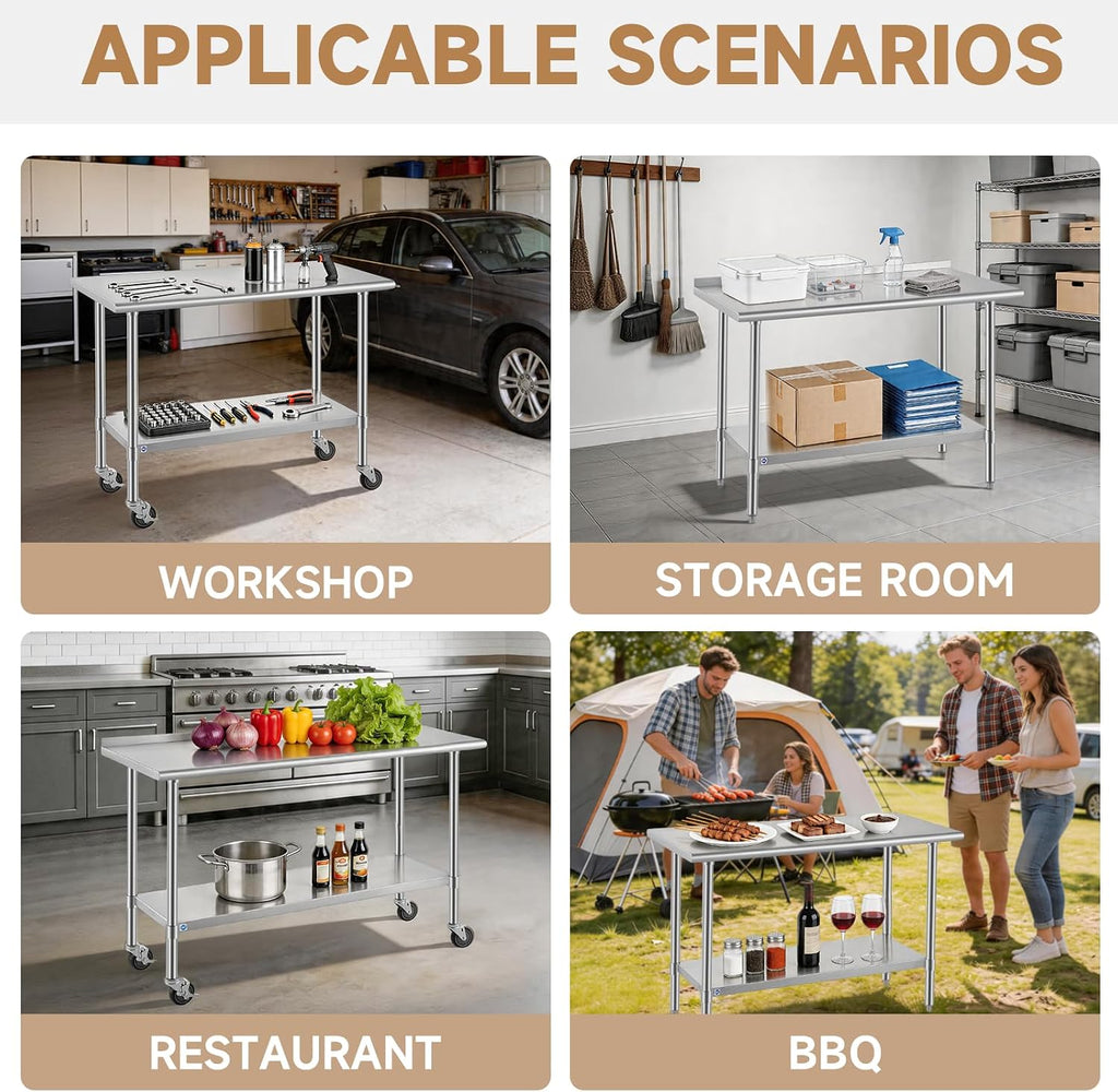 All Stainless Steel Table for Perp & Work 24x48 Inch,Commercial Heavy Duty Workbench with Stainless Legs & Adjustable