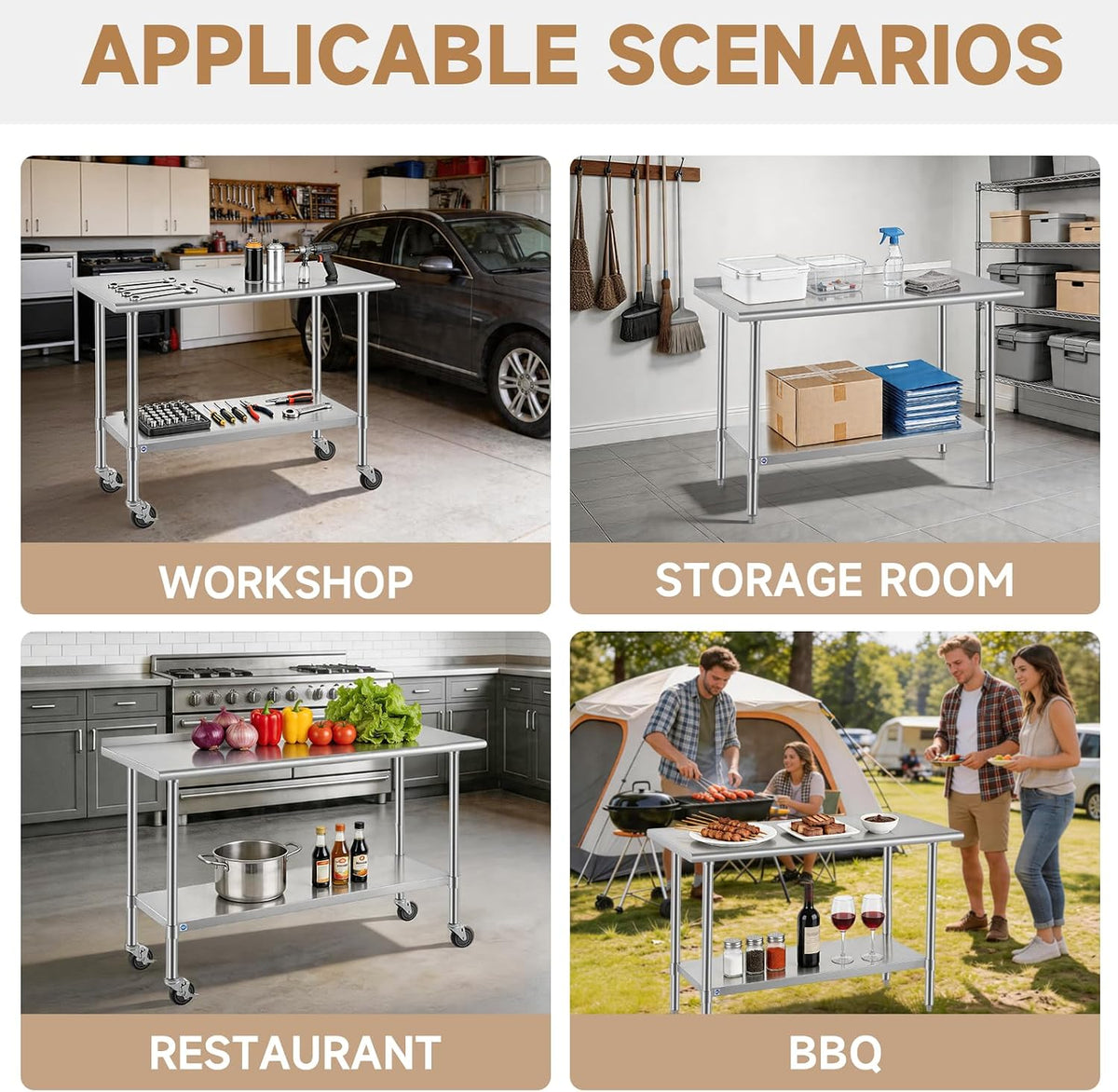 All Stainless Steel Table for Perp & Work 24x48 Inch,Commercial Heavy Duty Workbench with Stainless Legs & Adjustable