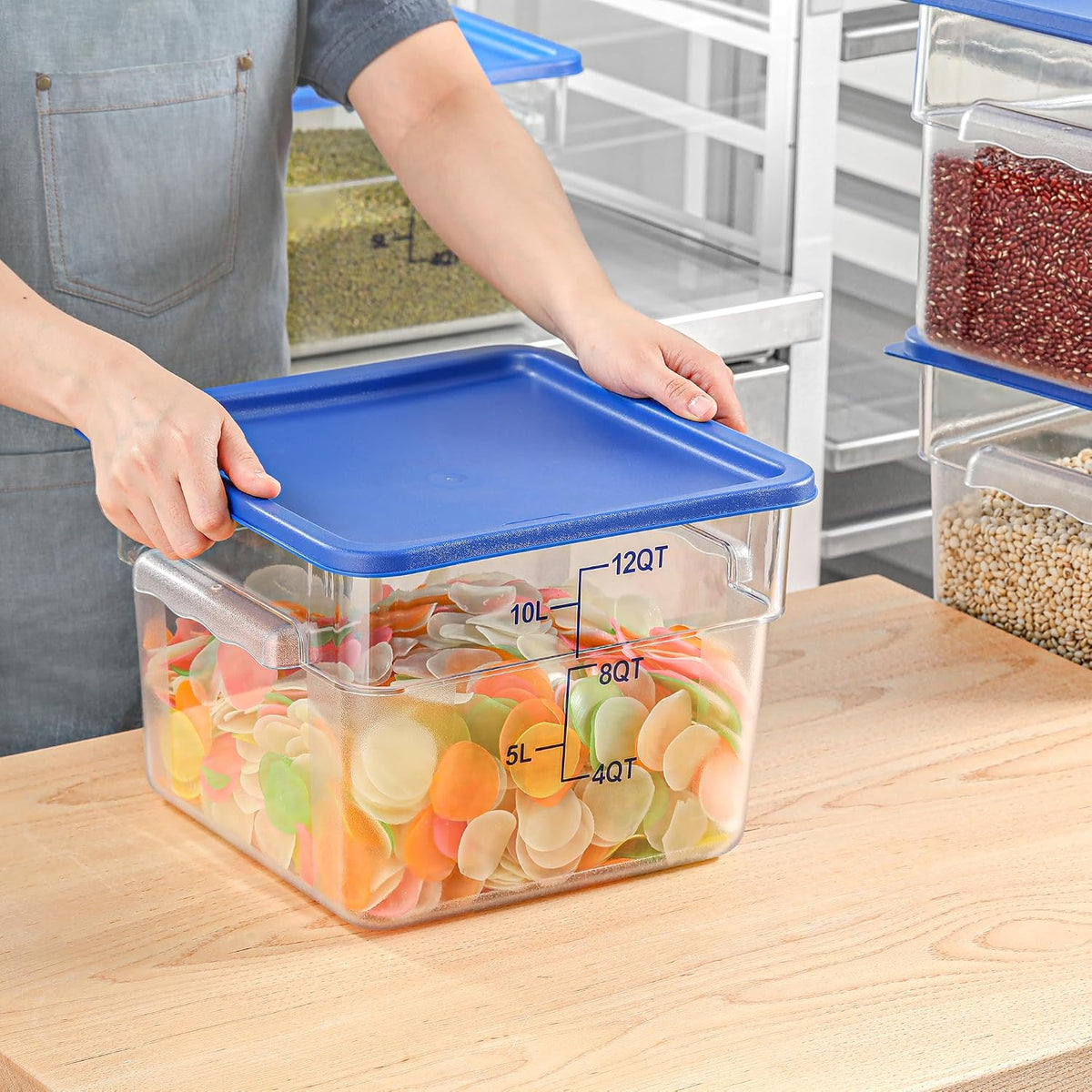 8 Pcs 12 QT Food Storage Container with Blue Lids, Handle BPA-Free Polycarbonate Hot Cold Resistant Large Square