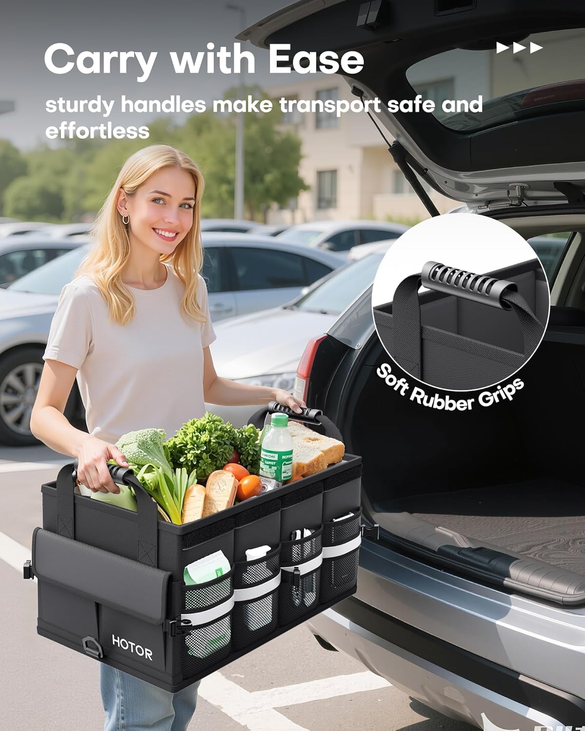 Car Trunk Organizer - Foldable Trunk Organizer for SUV, Car Storage with Reflective Strips & Securing Cover, Large
