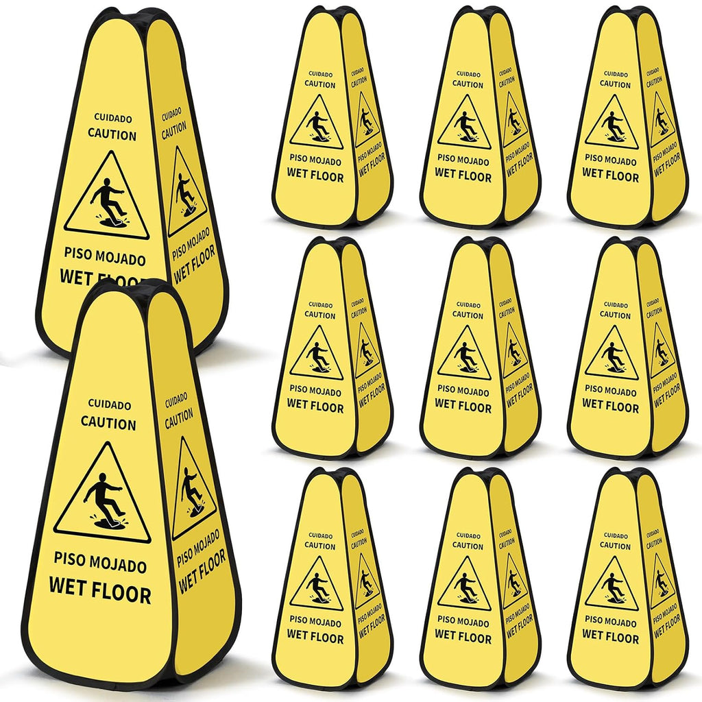 12 Pcs 24 Inches Pop up Wet Floor Sign Yellow 4-sided Foldable Bilingual Caution Wet Floor Sign Safety Warnings