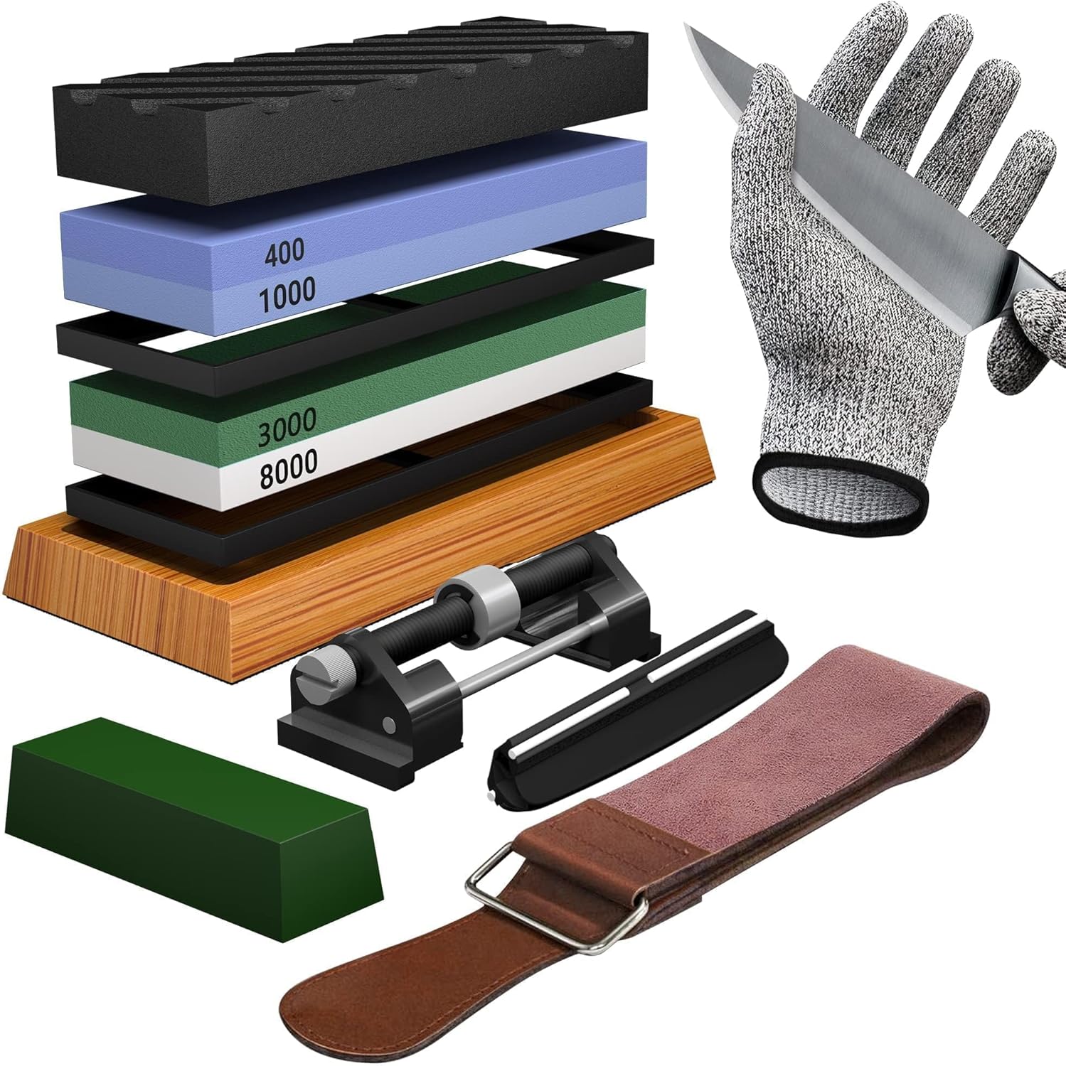 Whetstone Knife Sharpening Stone Set, Double-Sided Grit 400/1000 3000/8000 | Complete Knife Sharpener Stone Kit with
