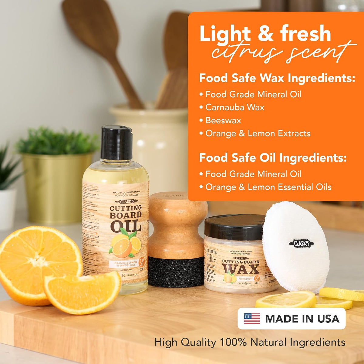 Clark’S Cutting Board Oil and Wax Kit – Includes Food Grade Mineral Oil (12oz), Finishing Wax (6oz), Applicator, &