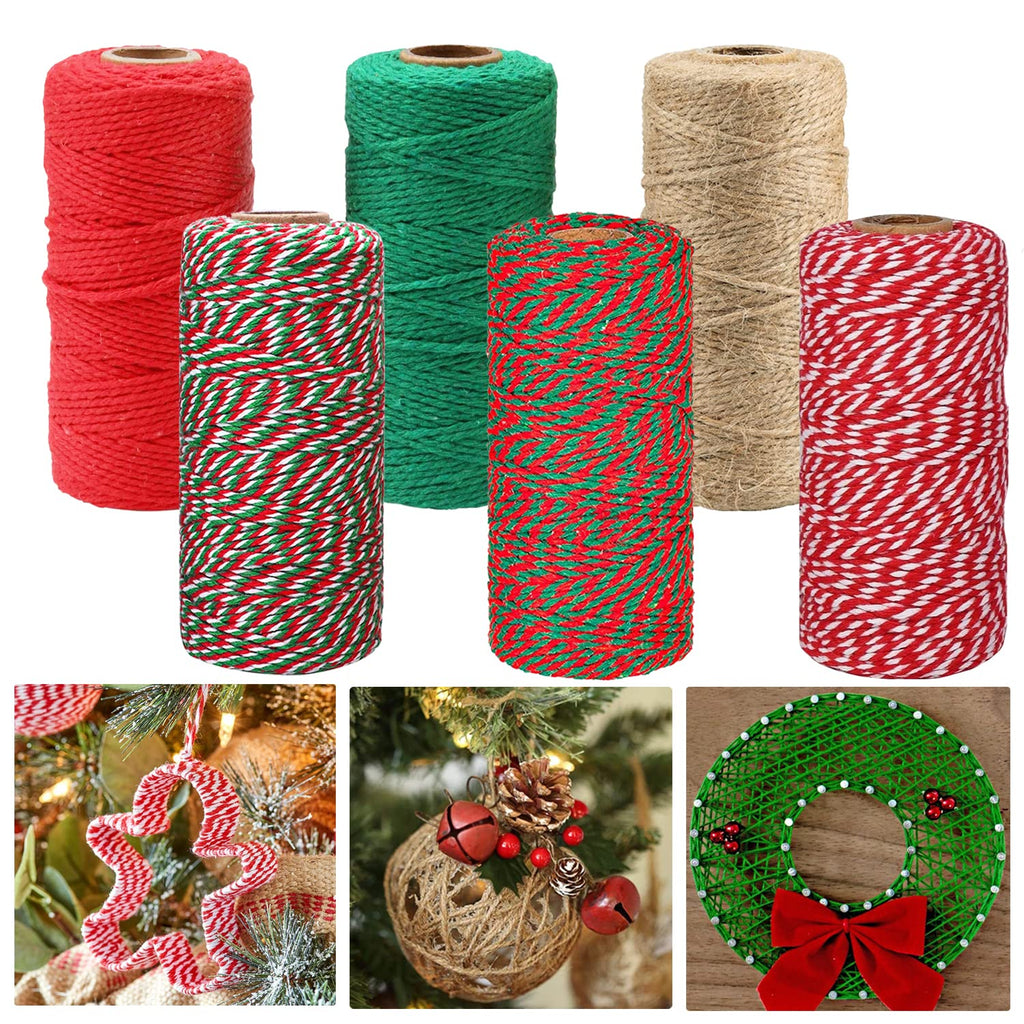 6 Rolls Christmas Cotton Twine 984 Feet Xmas Bakers Cotton String Rope Red Green White Gift Wrapping Cord Natural