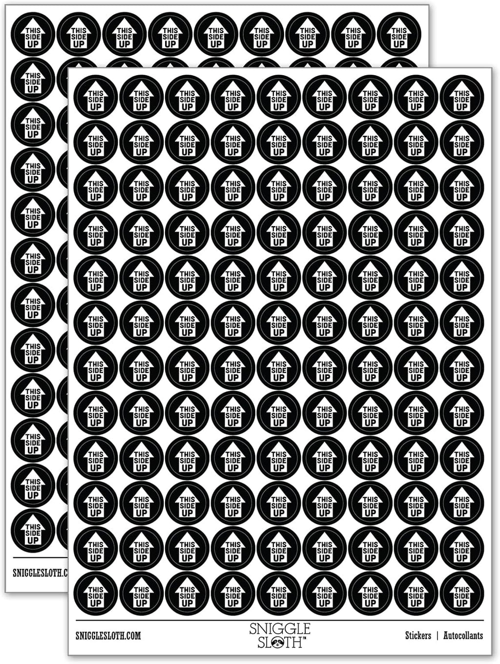 This Side Up Arrow with Text Icon 200+ Round Stickers - Gloss Finish - 0.50" Size - Black