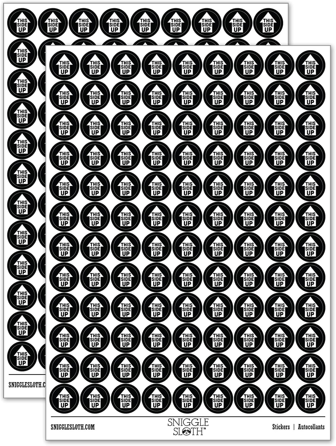 This Side Up Arrow with Text Icon 200+ Round Stickers - Matte Finish - 0.50" Size - Black