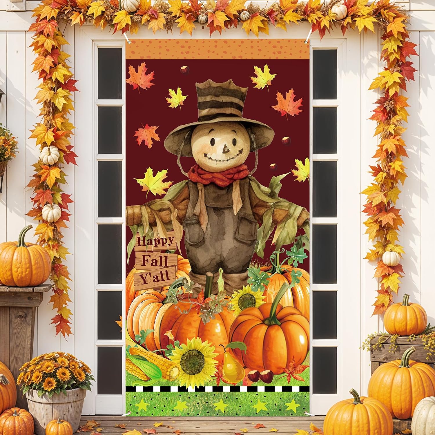 Happy Fall Y’all Door Cover for Front Door Fall Door Banner Autumn Thanksgiving Scarecrow Door Decorations Autumn