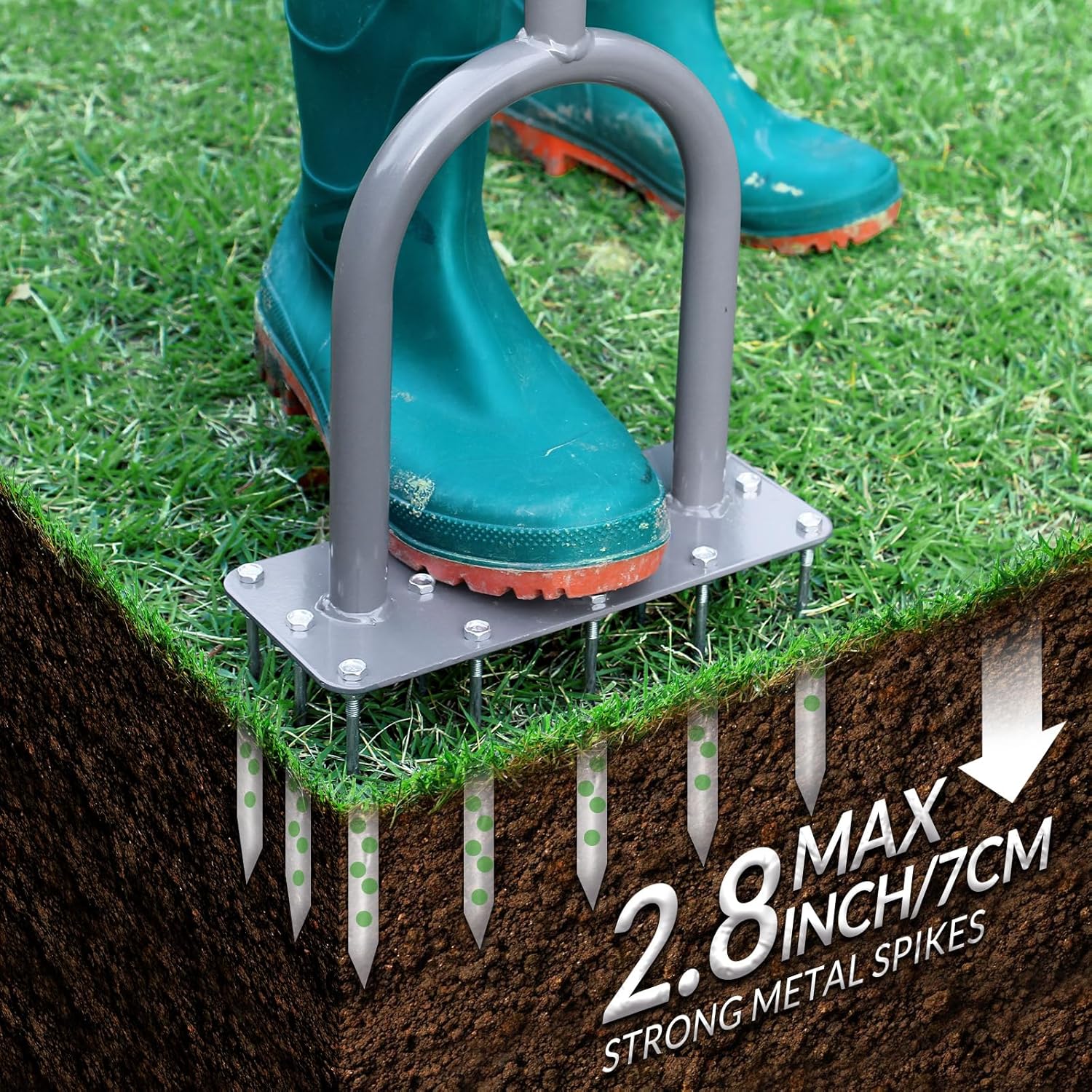 Manual Lawn Aerator Tool with 15 Iron Spikes, Garden Spike Aerator | Alternative to aerator shoes, patented grass