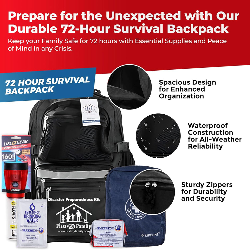 First My Family All-in-One 4 Person, 72 Hour Emergency Survival Kit for Fires, Earthquakes, Hurricanes, Floods