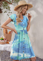 Women V Neck Ruffle Sleeve Summer Dresses with Pockets