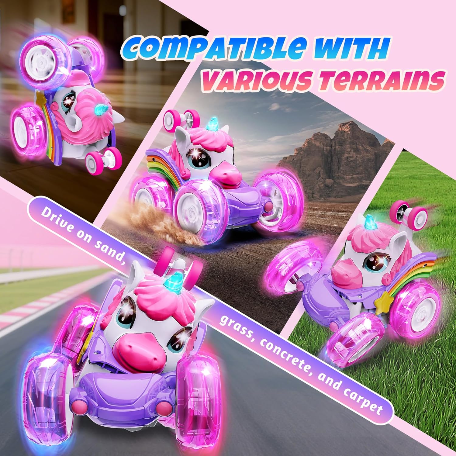 Unicorn Remote Control Car Toys for Girl - 360° Rotating Pink RC Stunt Cars 4WD Remote Cars for Kids, 2.4GHz Toy Car