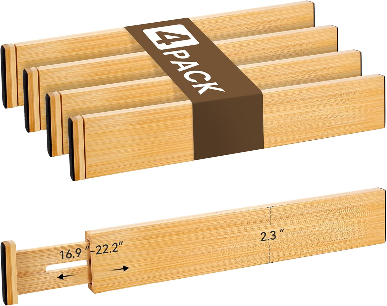 Bamboo Drawer Divider Set of 4, Adjustable Spring-Loaded Drawer Organizer (16.9"-22.2"), 2.3" Height, Suitable for