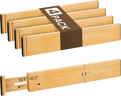 Bamboo Drawer Divider Set of 4, Adjustable Spring-Loaded Drawer Organizer (16.9"-22.2"), 2.3" Height, Suitable for