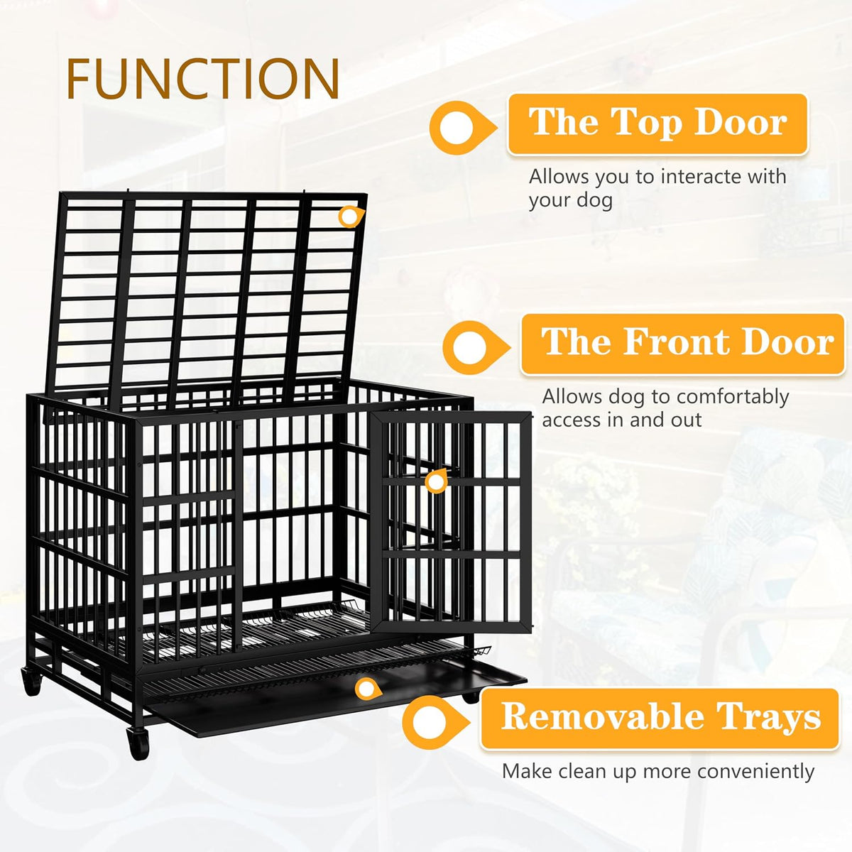 JY QAQA Heavy Duty Dog Crate, 38 Inch Indestructible Metal Kennel with Double Doors, Escape Proof Cage for Large Dogs