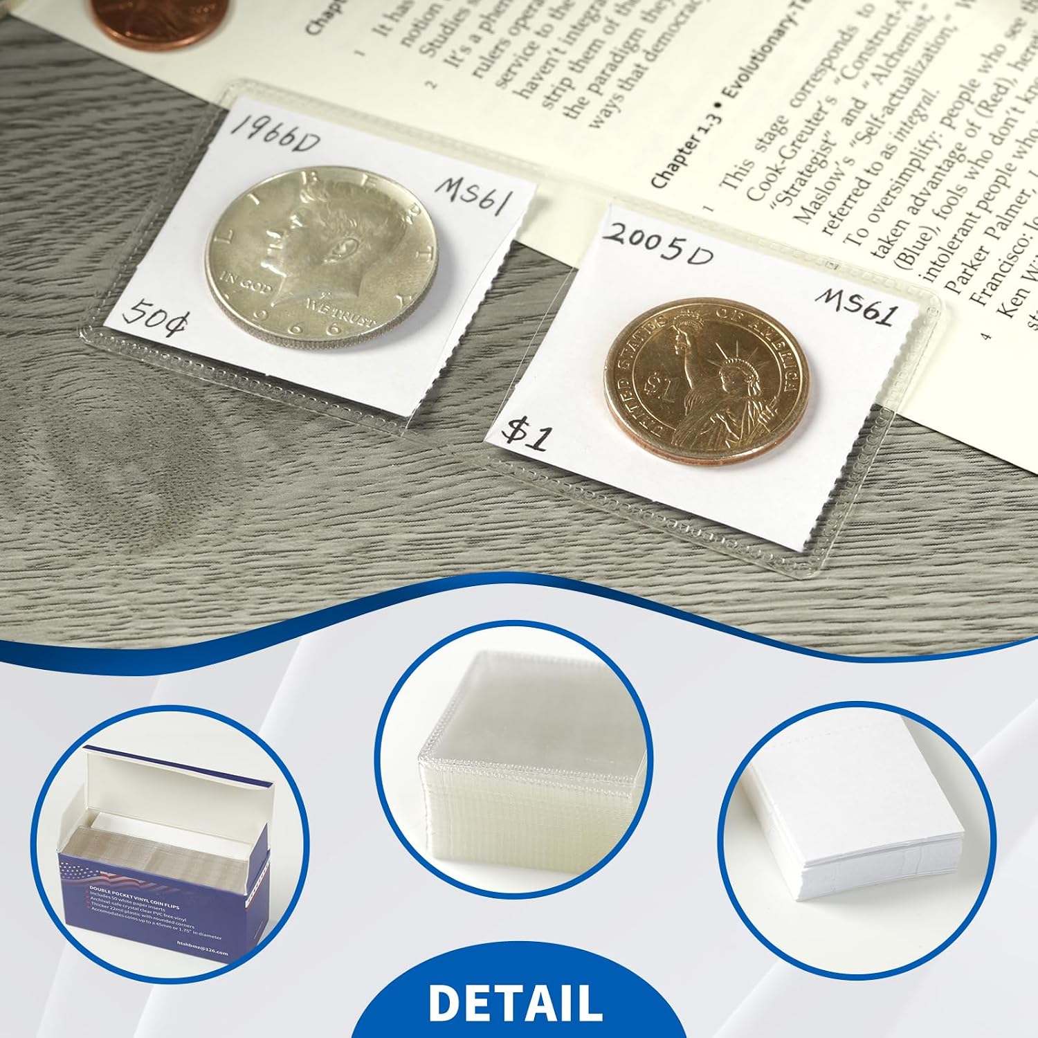 50 Pcs 2x2 Double Pocket Coin Flips with Paper Inserts | 100 Pockets Clear PVC Storage Coin Sleeves, Holders for Coin