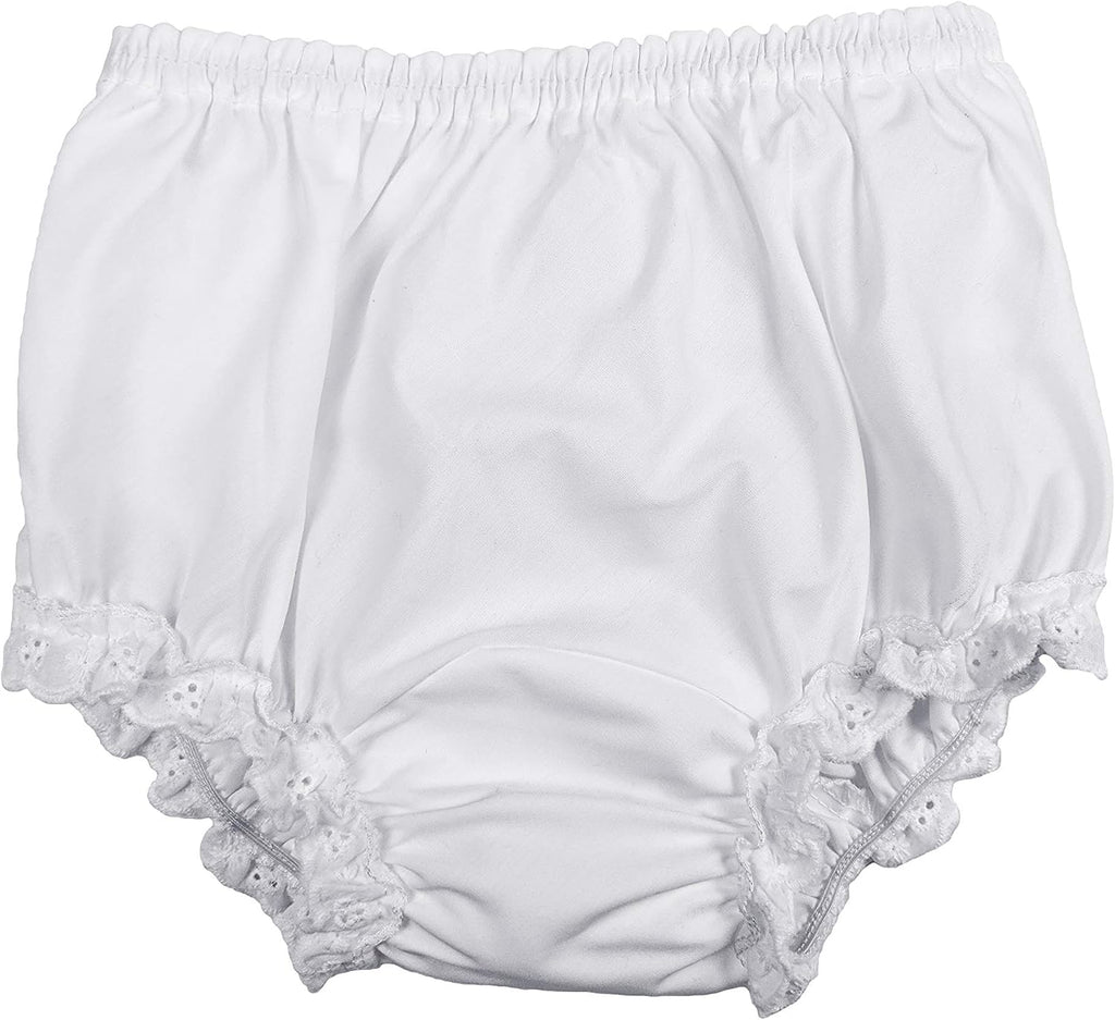 Baby Girls White Elastic Bloomer Diaper Covers - Embroidered Eyelet Edging Around Legs - LG