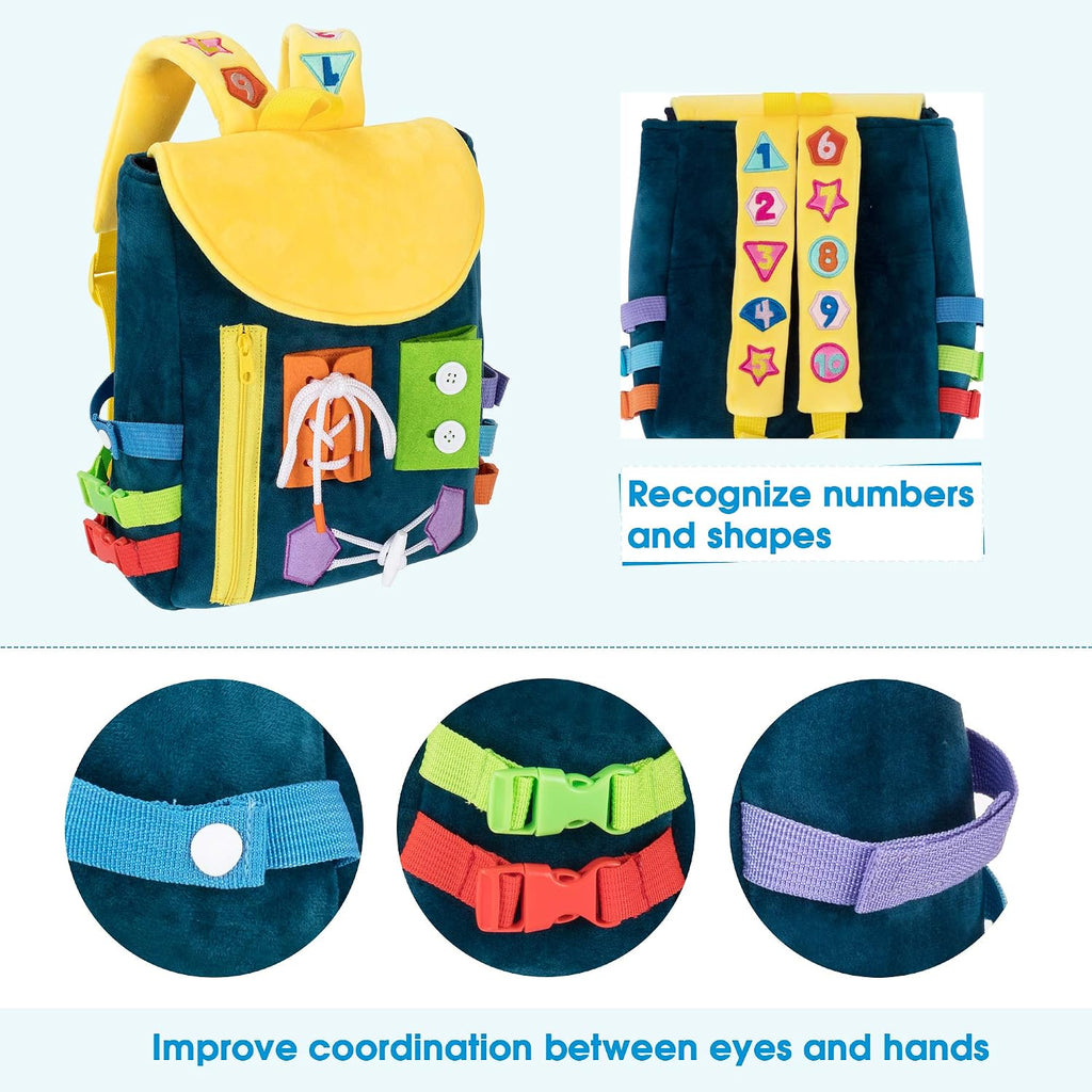 Busy Board - Toddler Backpack with Buckles and Learning Activity Toys - Develop Fine Motor Skills and Basic Life