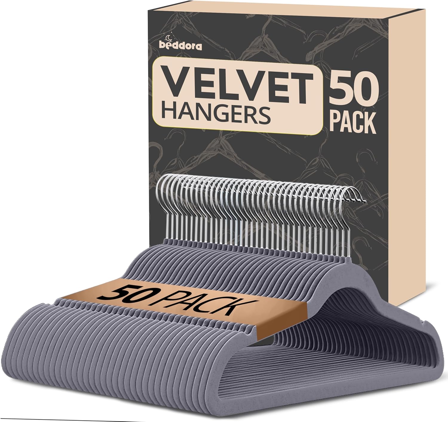 Beddora Velvet Hangers 50-Pack,Grey Non-Slip Slim Space-Saving Closet Organizer, Suit & Coat Hangers, Heavy-Duty