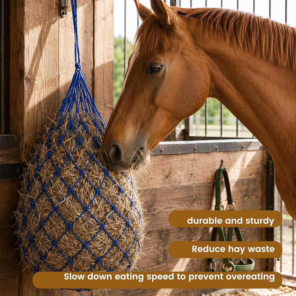 Slow Feed Hay Nets for Horses, 2 Pack, 40 Inch, 2 Inch Holes, Blue