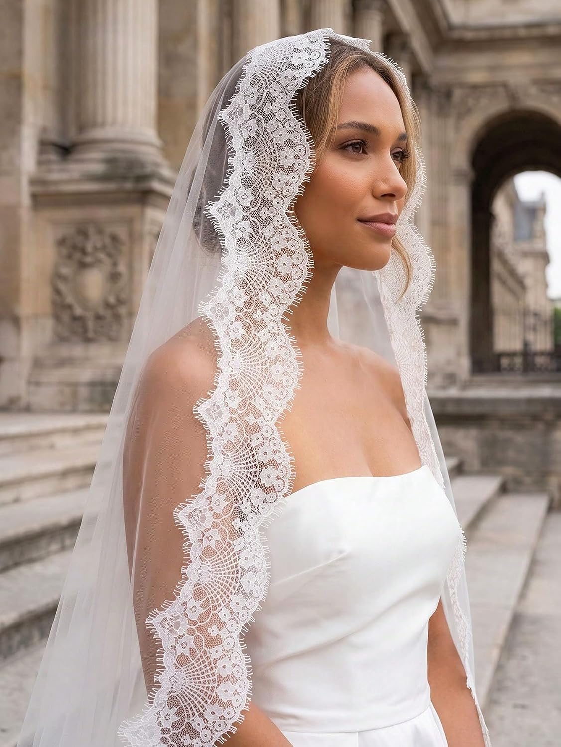 Mantilla Wedding Veil Full French Lace Edge Long Bridal Veil with Comb for Bride