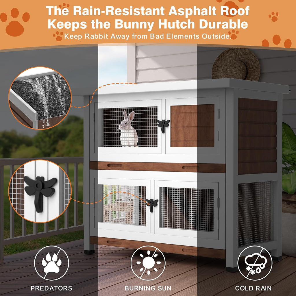 2 Story Rabbit Hutch, Indoor Outdoor Bunny Hutch Solid Wood Rabbit Cage with Removable Trays, Waterproof Asphalt