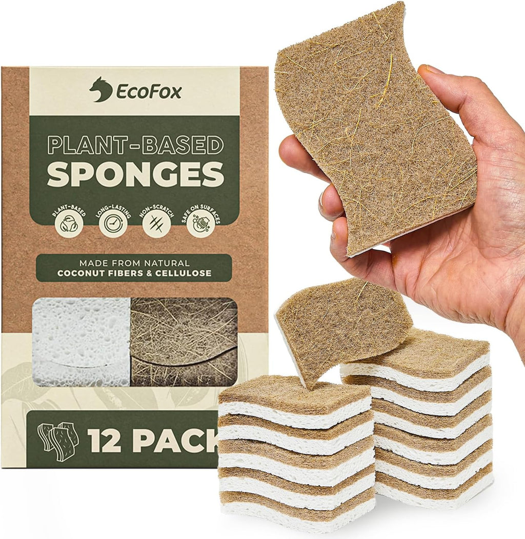 Plant-Based Kitchen Sponges (12 Pack) | USDA Biobased Certified | FSC & PETA Approved | Natural Cellulose & Coconut