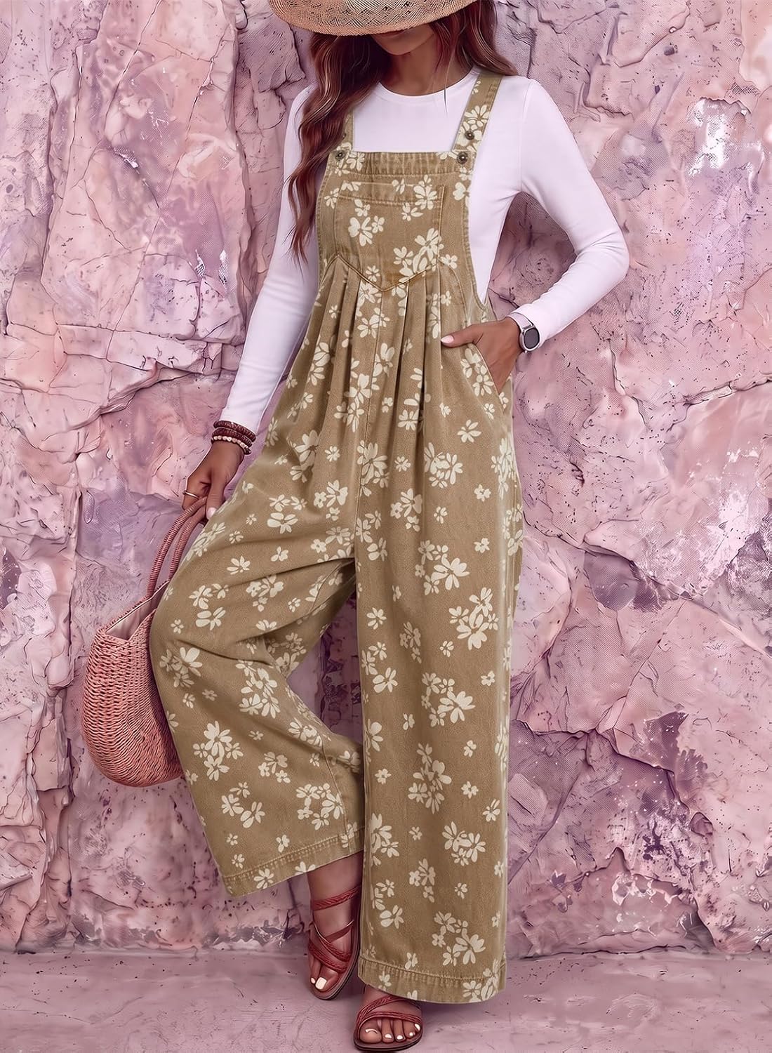 Women's Floral Denim Bib Stretch Fall Overalls