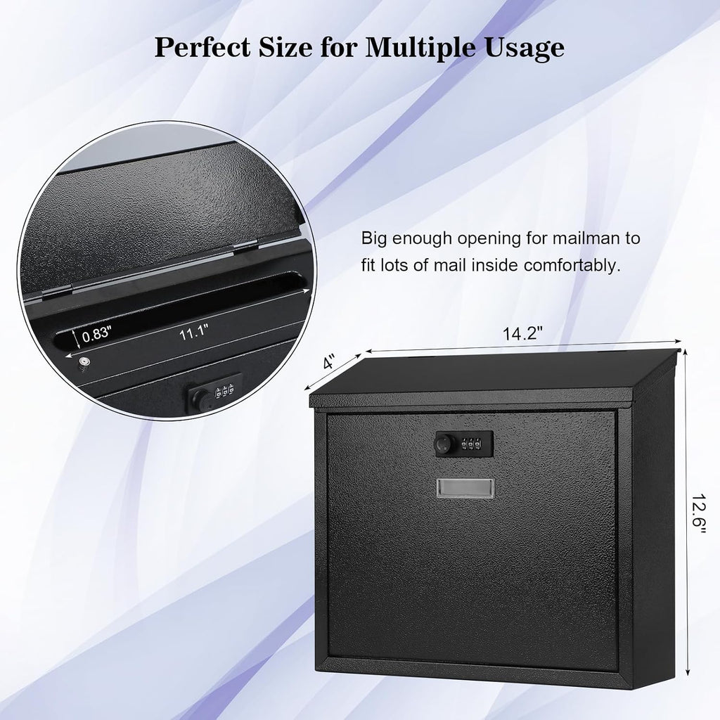 Mail Boxes with Combination Lock,Locking Mailbox Wall Mounted,Security Metal Mailbox Drop Box, Modern Large