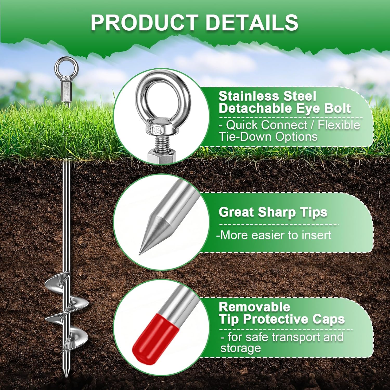 30" Heavy Duty Ground Anchors Screw in – 4 Pack Shed Anchor Kit with T-Handle & Drill Bit Adaptor, Chrome Plated