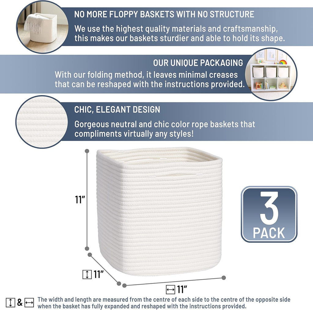 Storage Cubes 11 Inch Cotton Rope Woven Baskets for Organizing, 3-Pack | Cube Storage Bin | Square Storage Baskets